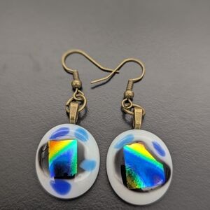 Artisan Handmade Dichroic Rainbow fused glass earrings  Nickel free ear hooks.